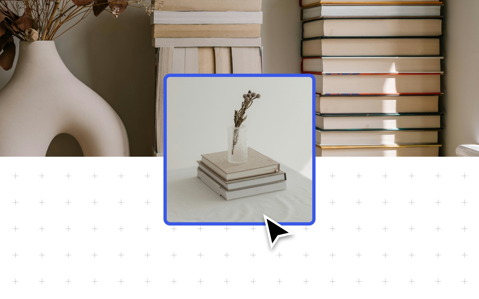 two images of stacks of books and a cursor hovering over the middle one